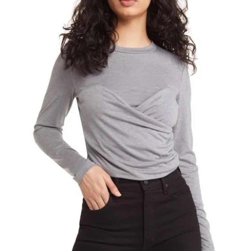 VERO MODA Nelly Ruched Knit Top in Gray.  Size Large. NWOT